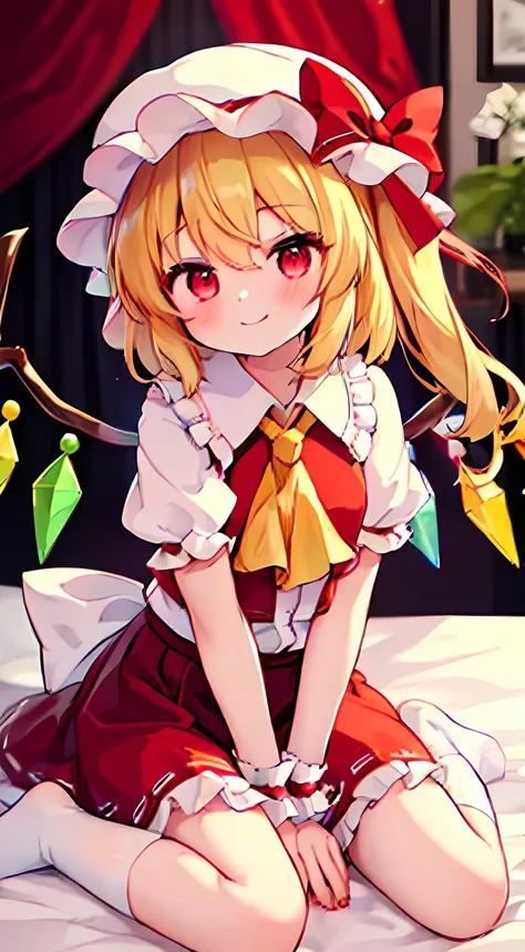 1girl,flandre_scarlet_touhou,blonde_hair, wings, red_eyes, crystal, bangs, hat, one_side_up, ribbon, mob_cap, bow, blush, smile,...