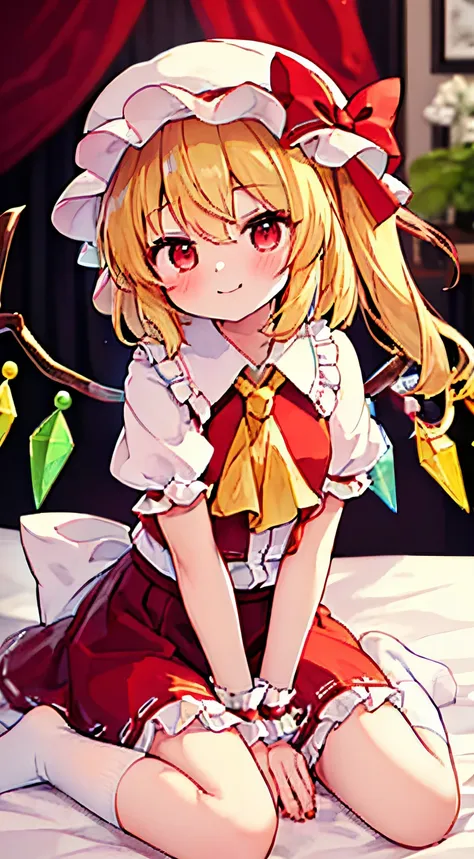 1girl,flandre_scarlet_touhou,blonde_hair, wings, red_eyes, crystal, bangs, hat, one_side_up, ribbon, mob_cap, bow, blush, smile,...