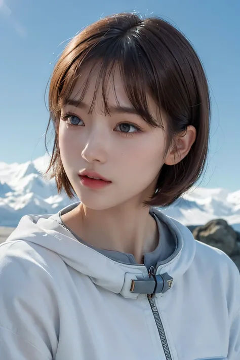 top-quality、​masterpiece、超A high resolution、(realisitic:1.4)、Beautuful Women１、Beautiful detail eyes and skin、ssmile、Light brown short-cut hair、The perfect spacesuit、spaceships、cosmic space、iced&Snow Planet、cloudy ash sky、weak sunshine、