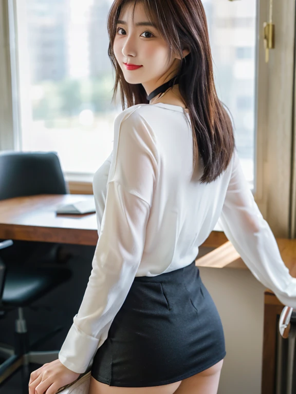 a 23-year-old woman wearing a bold miniskirt in a luxurious room, rear view, bold poses，office suits, black stockings, garterbel...