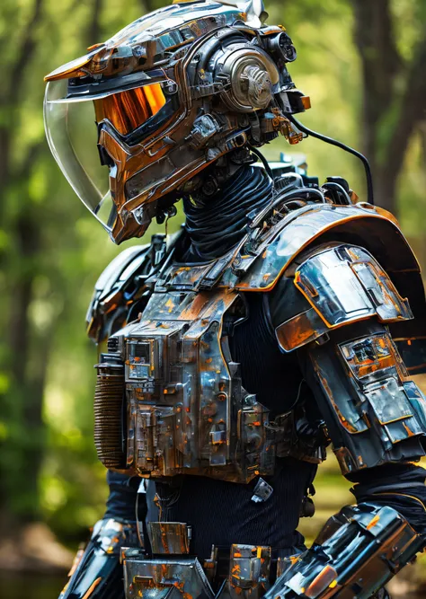 Portrait photo of transparent camo worn mech suit, ((light bokeh)), intricate, ((translucent) liquid water [rust]), elegant, sharp focus, photo by greg rutkowski, soft lighting, vibrant colors, masterpiece, ((streets)), detailed face