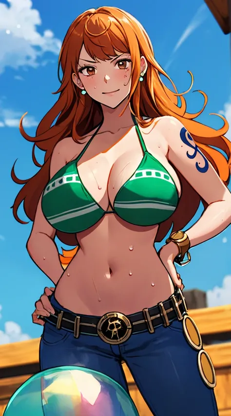 nami (one piece), 1girl, bangle, bangs, bare shoulders, belt, bikini, bikini top only, bracelet, breasts, brown eyes, bubble, cleavage, denim, earrings, floating hair, green belt, green bikini, groin, jeans, jewelry, (large breasts:1.9), (big breast:1.3), ...