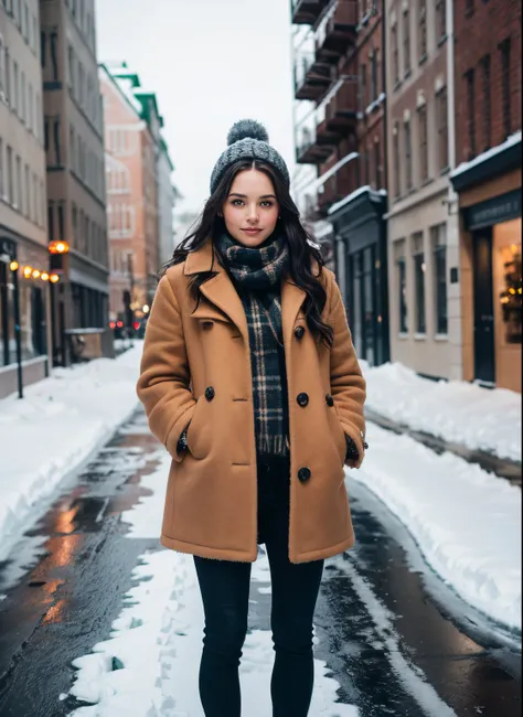 Professional portrait photo of a beautiful Norwegian girl in winter clothes with long wavy dark hair, sultry flirtatious look, freckles, beautiful symmetric face, Cute natural makeup, elegant, Wear warm winter fashionable clothes, I&#39;m standing on a sno...