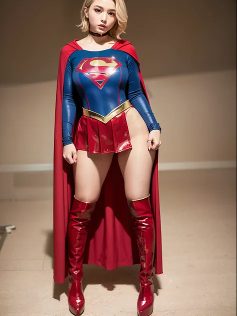 ​masterpiece,Short-haired supergirl spreading her thighs on a hospital operating table、large full breasts、Looking at the camera、Glossy enamel costume、Glossy red enamel long boots、Shiny red skirt、a choker、Glimpse、Fluttering cloak、seduces、sexypose、shame、Insu...