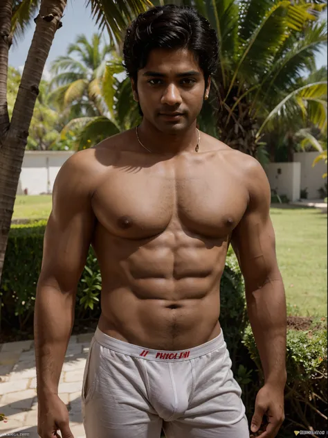 generates an image of an indian celebrity Sumedh Mudgalkar who has hairy body and is bulky muscular and has a clean shaven face, wears a white v-cut underwear with a visible bulge and has a light brown skin tone, portofilio pictures leaning over tree looki...