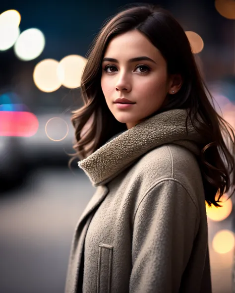 medium shot of european woman, brown-hair, streets of the winter city, Bokeh lighting, magic flying lights, natural skin textures, 24mm, 4k textures, soft cinematic light, RAW photo, photo realism, Photorealistic, Intricate, elegant, Highly detailed, sharp...