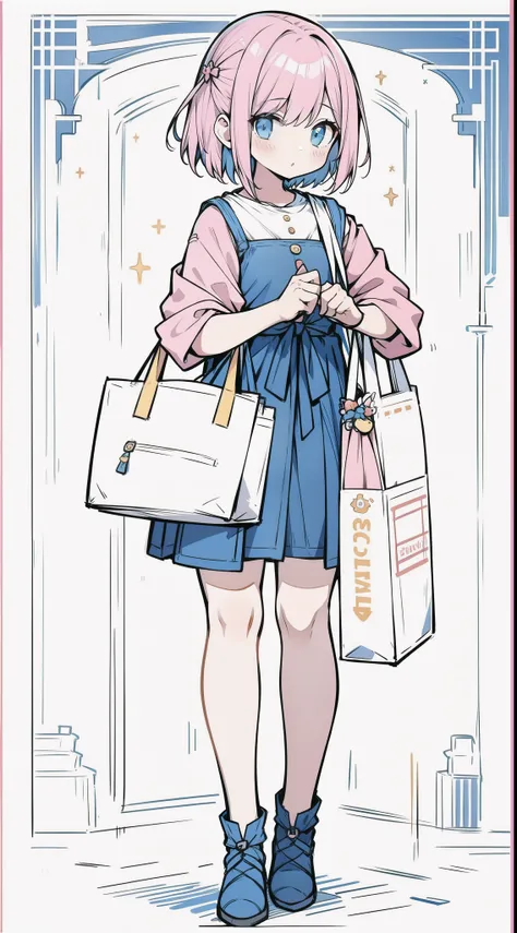 1girl, full - body, blue and pink clothes, Short Hair Hair, shopper, yellow shopper