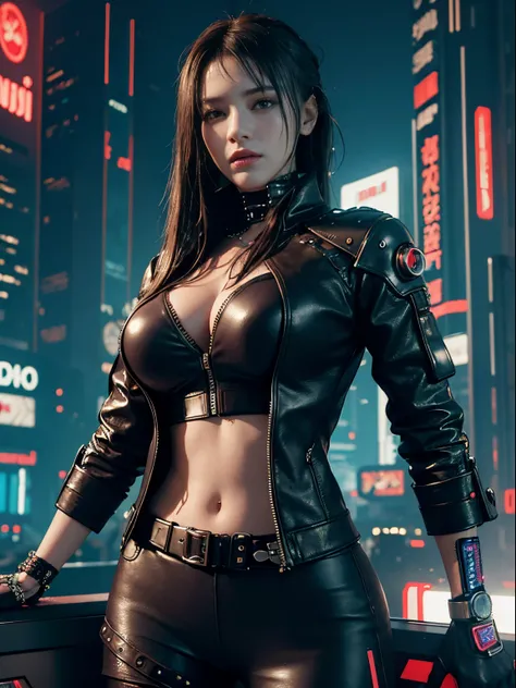 ((Best quality)), ((masterpiece)), (highly detailed:1.3), 3D, beautiful (cyberpunk:1.3), stylish woman looking at camera black leather clothes