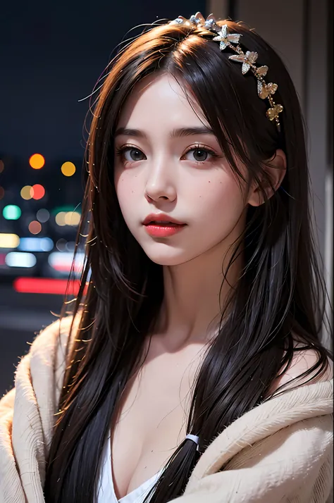 1girl, Tokyo street,night, cityscape,city lights, upper body,close-up, 8k, RAW photo, best quality, masterpiece,realistic, photo-realistic,