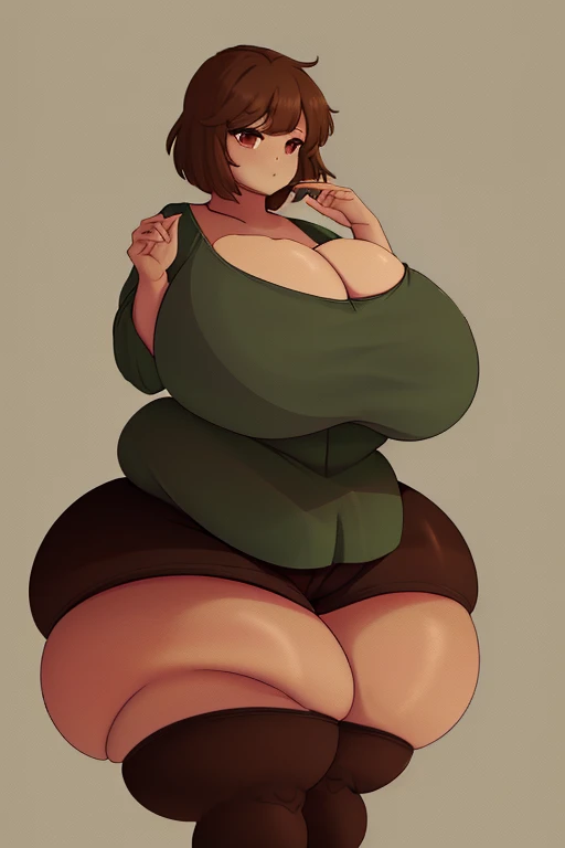 ((best quality)), ((masterpiece)), (detailed), Undertale Chara, brown hair, (brown shorts: 1.3), bob cut, short hair, black pantyhose, (green shirt: 1.3), red eyes, (1girl: 1.3), (solo: 1.3), stripes, striped shirt, (large breasts:1.6), (giant hips:1.6), (...