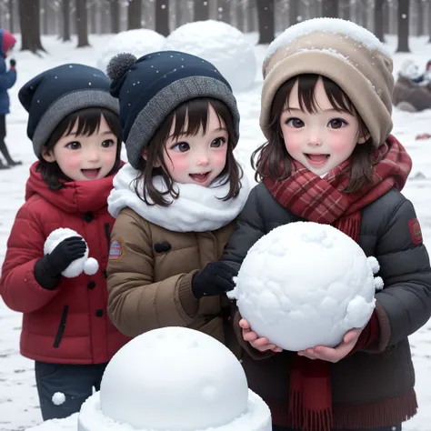 Children celebrate the arrival of winter as they build snowmen and enjoy snowball fights.