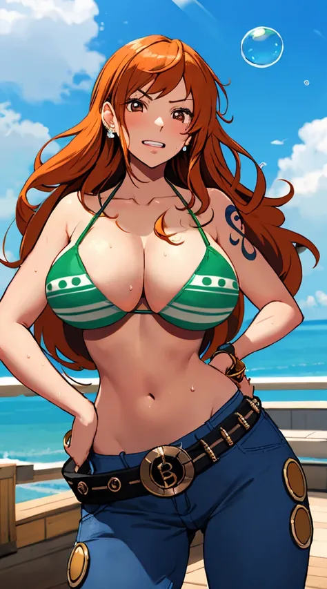 nami (one piece), 1girl, bangle, bangs, bare shoulders, belt, bikini, bikini top only, bracelet, breasts, brown eyes, bubble, cleavage, denim, earrings, floating hair, green belt, green bikini, groin, jeans, jewelry, (large breasts:1.9), (big breast:1.3), ...