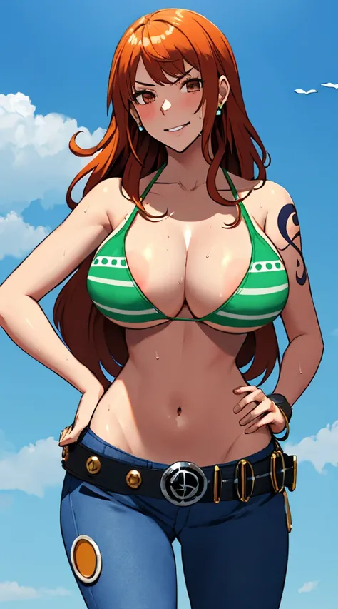 nami (one piece), 1girl, bangle, bangs, bare shoulders, belt, bikini, bikini top only, bracelet, breasts, brown eyes, bubble, cleavage, denim, earrings, floating hair, green belt, green bikini, groin, jeans, jewelry, (large breasts:1.9), (big breast:1.3), ...