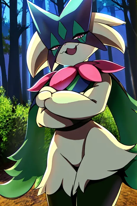 Masterpiece, Best quality, Highest picture quality, Detailed, Meowscarada, Pokémon, short snout, closed eyes, detailed eyes, laughing, solo, background of a forest, blue night, female, crossed arms