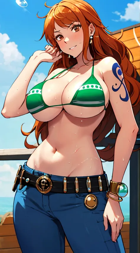 nami (one piece), 1girl, bangle, bangs, bare shoulders, belt, bikini, bikini top only, bracelet, breasts, brown eyes, bubble, cleavage, denim, earrings, floating hair, green belt, green bikini, groin, jeans, jewelry, (large breasts:1.9), (big breast:1.3), ...