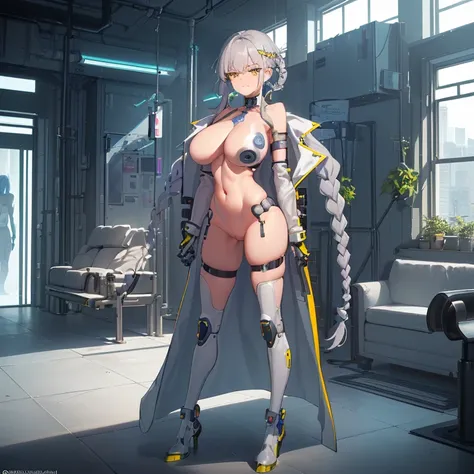 ((1 cyborg woman)),((big breasts, naked breasts, naked pussy, completely naked, clitoral piercing)),((standing in a room with window and futuristic sofa)),((embarrassed face)), ((bare breasts, with lots of bubian hair, with scientists coat)),((short gray h...