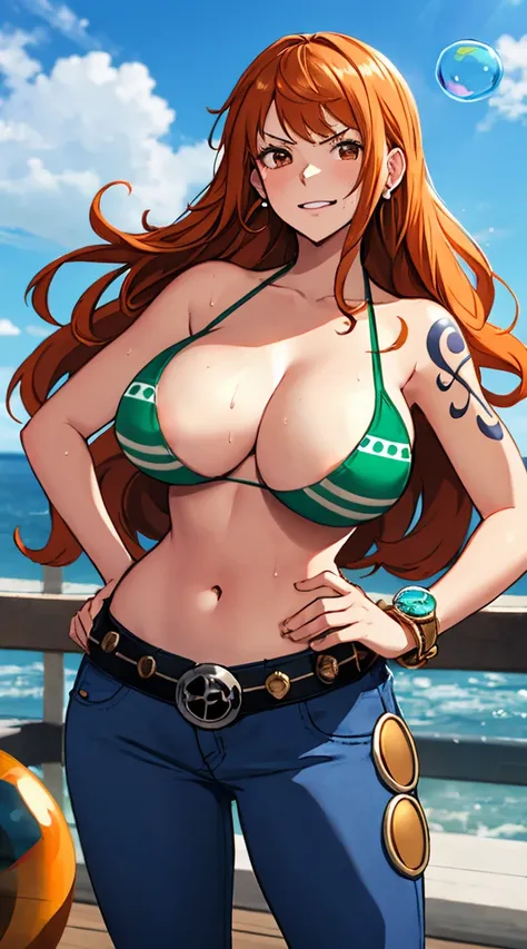 nami (one piece), 1girl, bangle, bangs, bare shoulders, belt, bikini, bikini top only, bracelet, breasts, brown eyes, bubble, cleavage, denim, earrings, floating hair, green belt, green bikini, groin, jeans, jewelry, (large breasts:1.9), (big breast:1.3), ...