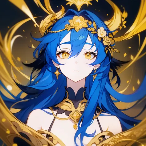 anime style, 1 girl, upper-body, big face, blue hair, yellow eyes, black dress with gold elements, golden jewelery