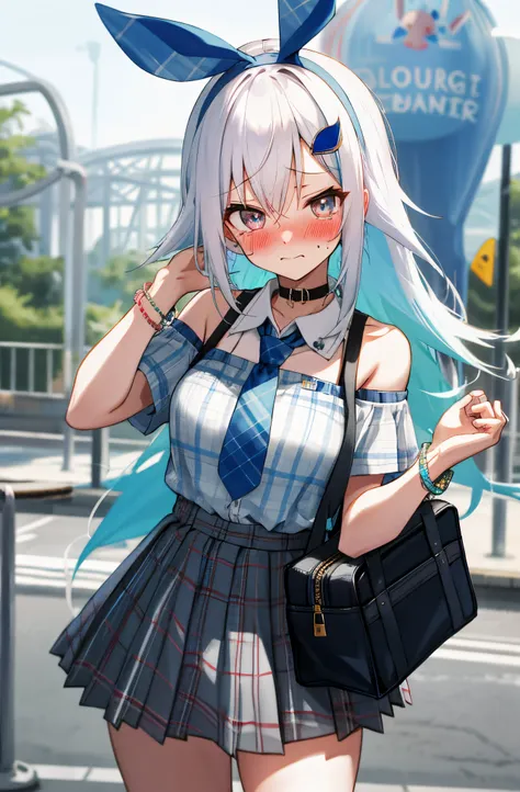 One girl with long hair, white hair, blue inner hair, looking at viewer, embarrassed, blushing, tears, outdoor, Amusement parks, bunny headband, plaid sweaters , bag, bare shoulders, necktie, plaid mini skirt, thigh, slim, dizzy, choker, mid-chest, wide hi...