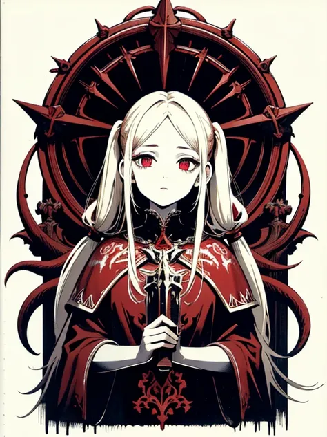 pale young divine gothic priestess, twintails, pure white skin, rust decay, Beautiful full body symmetrical portrait, Delicate blonde hairstyle, crimson eyes, dark red elegant gothic armor, encrusted with red gems, dark cathedral, masterpiece, Highest imag...