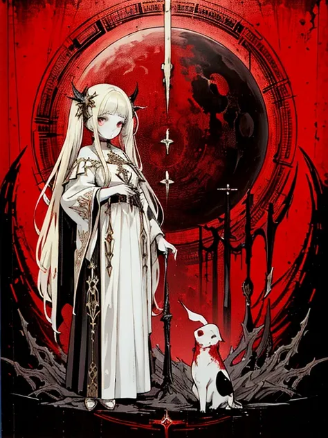 pale young divine gothic priestess, twintails, pure white skin, rust decay, Beautiful full body symmetrical portrait, Delicate blonde hairstyle, crimson eyes, dark red elegant gothic armor, encrusted with red gems, dark cathedral, masterpiece, Highest imag...