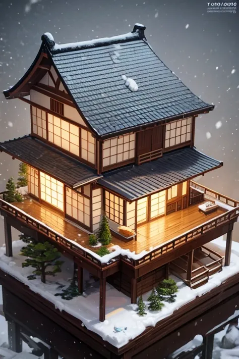 Japanese wooden house landscape window，Snowflakes falling quietly 3D 3D modeling room, Tom Whalen style, distillation of form, tiny core, rich background, light brown and dark beige, scientific illustration, Toy core, gentlesoftlighting, dreamlike landscap...