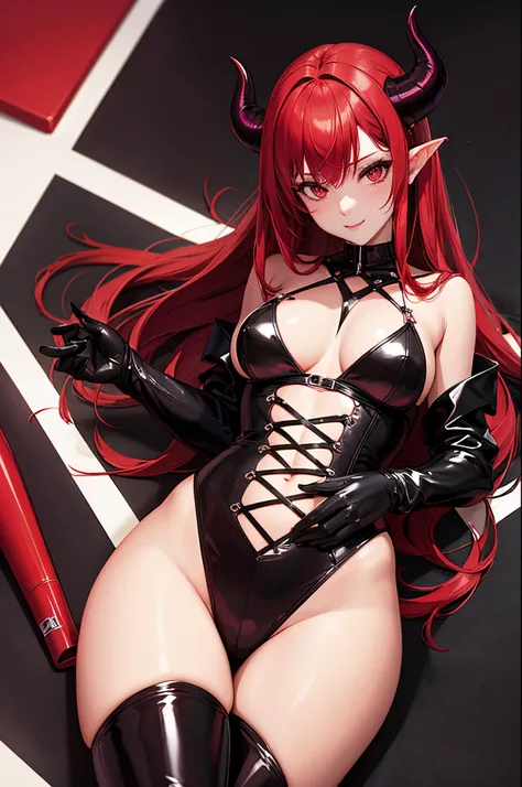 sexy succubus, seductive look, red hair, sexy V Type bodysuit, black horns