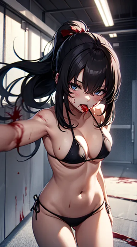 Anime girl with black hair in a ponytail wears a string bikini....,The body was stained with blood....,Blood stains on the body....,[[Blood]],Blood flowed from her mouth....,Head to thigh