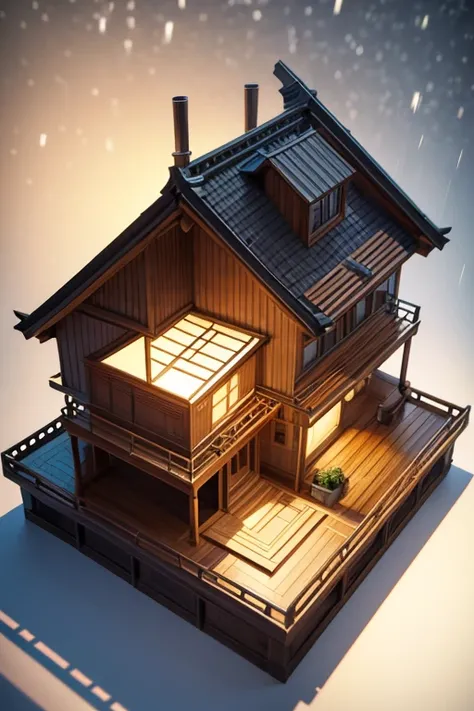 Japanese style wooden house corner landscape window，Snowflakes falling quietly 3D 3D modeling room, Tom Whalen style, distillation of form, tiny core, rich background, light brown and dark beige, scientific illustration, Toy core, gentlesoftlighting, dream...