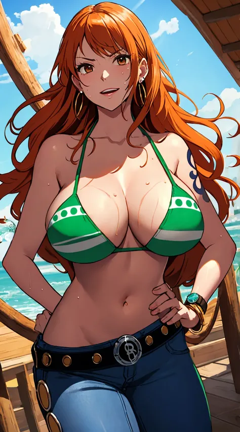 nami (one piece), 1girl, bangle, bangs, bare shoulders, belt, bikini, bikini top only, bracelet, breasts, brown eyes, bubble, cleavage, denim, earrings, floating hair, green belt, green bikini, groin, jeans, jewelry, (large breasts:1.9), (big breast:1.3), ...