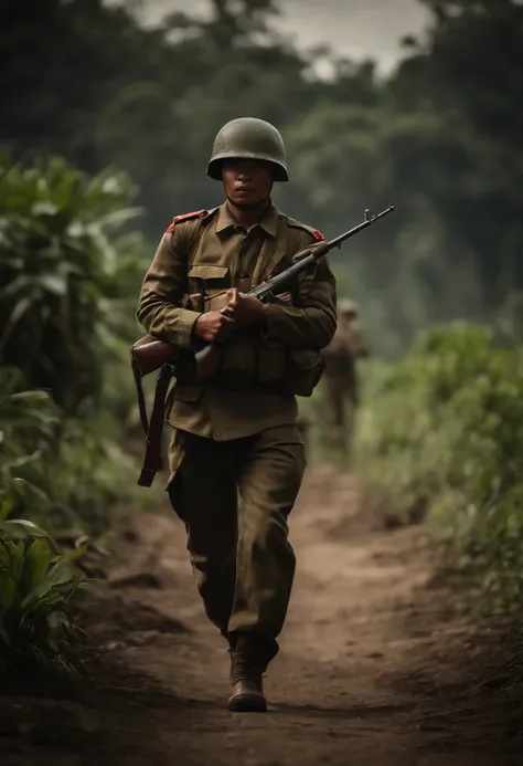 Portrait of an Indonesian army guerilla soldier in ww2 marching