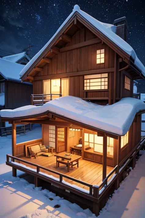 (best quality,4k,UHD:1.2),peaceful snowy scenery,traditional Japanese wooden house,corner view windows,snowflakes gently falling,3D modeling studio,Tom Whalen style,stylized distillation,tiny core,rich background,light brown and deep beige colors,scientifi...