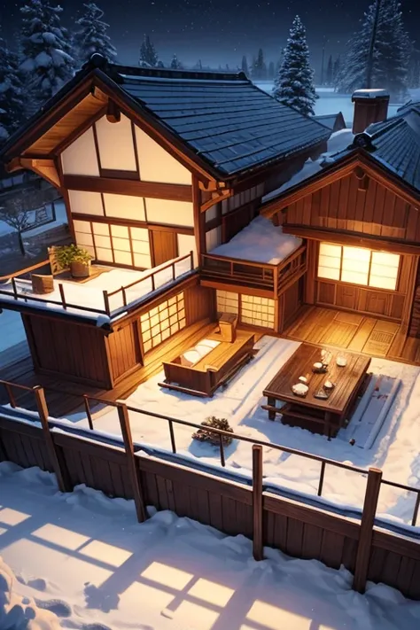 (best quality,4k,UHD:1.2),peaceful snowy scenery,traditional Japanese wooden house,corner view windows,snowflakes gently falling,3D modeling studio,Tom Whalen style,stylized distillation,tiny core,rich background,light brown and deep beige colors,scientifi...