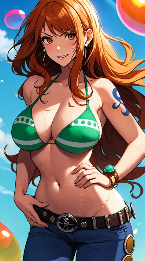 nami (one piece), 1girl, bangle, bangs, bare shoulders, belt, bikini, bikini top only, bracelet, breasts, brown eyes, bubble, cleavage, denim, earrings, floating hair, green belt, green bikini, groin, jeans, jewelry, (large breasts:1.9), (big breast:1.3), ...