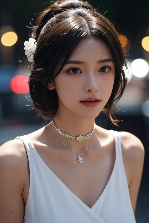 Best quality at best, tmasterpiece, A high resolution, 1个Giant Breast Girl,Chinese dress,hair adornments,choker necklace, jewely,pretty  face,above_body, dingdall effect,realisticlying, dark studio, edge lit, two color lights,(highdetailskin:1.2), 8k ultra...