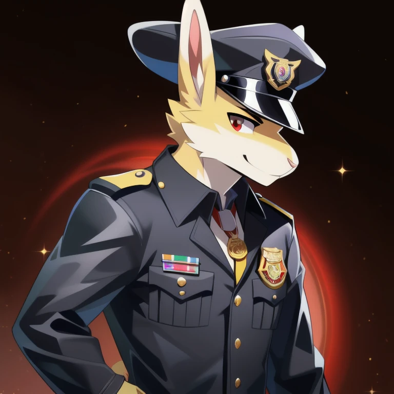 solo, male, rabbit, yellow colored fur, lean body, anthropomorphic rabbit, black leather trench coat, black barreta hat (red rims), holding black hole in hand,  officer like clothing, badges and medals on trench coat