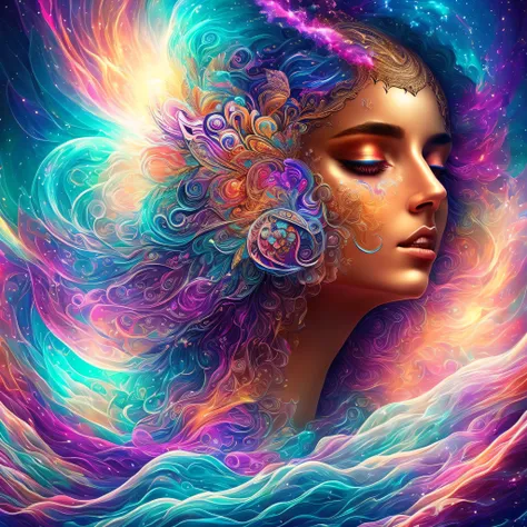 Plunge into the ether that flows with the eternal soul through the vibrations of love, Everything is connected, Flowing energy, spiritual, divine, Dreams, cosmic, concept-art, Blowing the Mind, Female beauty, god, Pineal gland, dreamlikeart