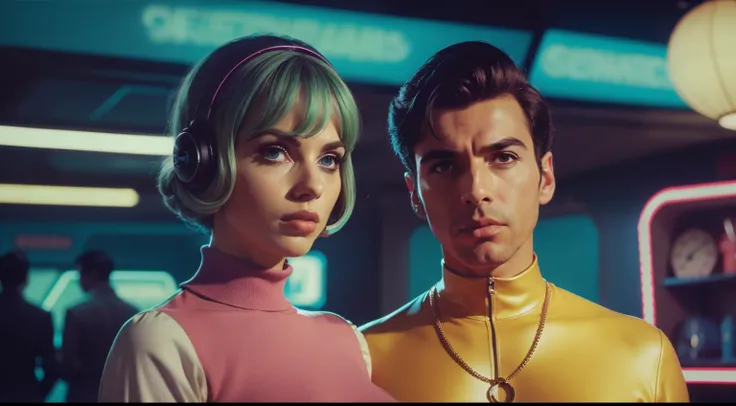 4k image from a 1960s science fiction film, Image from a Wes Anderson movie, pastels colors, close up portrait of a man and a sexy woman wearing retro-futuristic fashion clothes in a cyberpunk shoping mall, sci fi city with alien futuristic technological o...