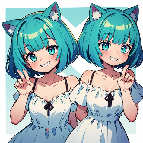 portrait of solo catgirl, short fluffy turquoise hair in a wavy bob-cut, grin, smile, hands behind back, (white off-shoulder sundress), cute neko pose, colorful background, blobs, masterpiece