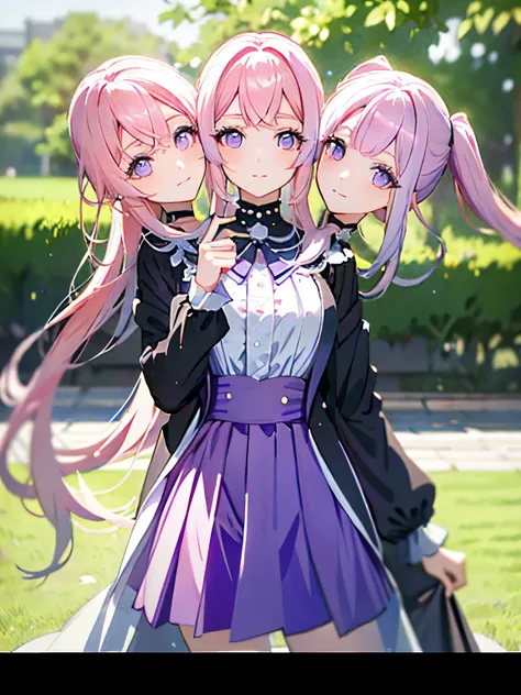 (masterpiece, best quality), best resolution, (3heads:1.5), 1girl, kokomi character, pink hair, purple eyes, different facial ex...