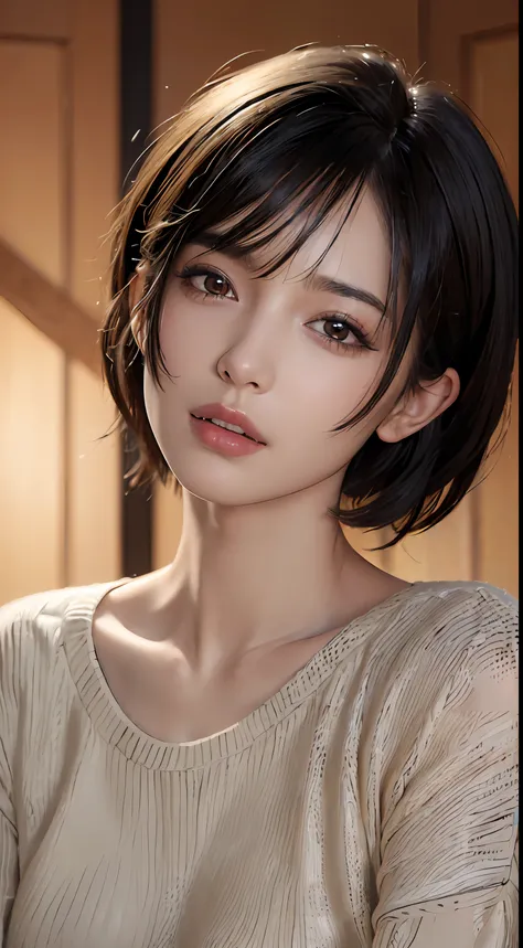 (masterpiece:1.3), (8k, photorealistic, RAW photo, best quality: 1.4), (1girl), beautiful face, (realistic face), (black hair, short hair:1.3), beautiful hairstyle, realistic eyes, beautiful detailed eyes, (realistic skin), beautiful skin, (sweater), absur...