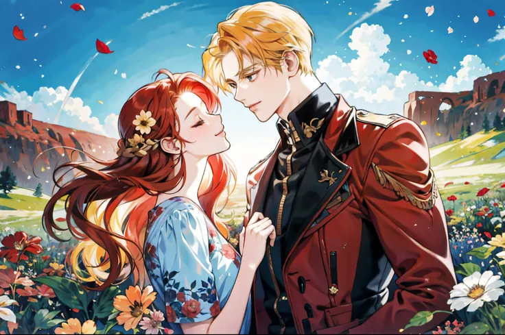 masterpiece, best quality, 2others, couple, hetero, 1man with 1woman, red hair and Blonde, height difference, different colors, happy, love, flower-filled landscape, forehead