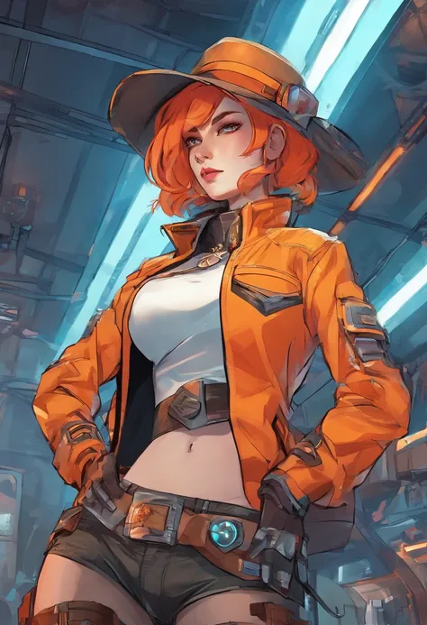 cyborg, cowboy shot, {{1girl}}, {{{{long sidebangs}}}}, {{Peaked cap}}, black coat, white collared shirt, orange eyes, long orange hair, bangs, Smirk, skindentation, belt pouch, {{spacecraft interior}}, {{wildstyle}}, dynamic pose, masterpiece, cinematic l...