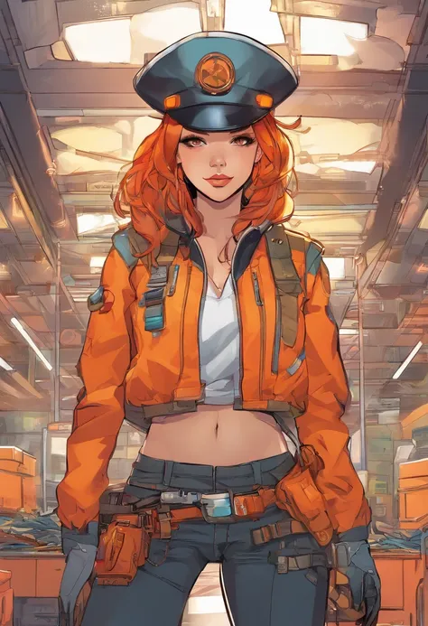 cyborg, cowboy shot, {{1girl}}, {{{{long sidebangs}}}}, {{Peaked cap}}, black coat, white collared shirt, orange eyes, long orange hair, bangs, Smirk, skindentation, belt pouch, {{spacecraft interior}}, {{wildstyle}}, dynamic pose, masterpiece, cinematic l...