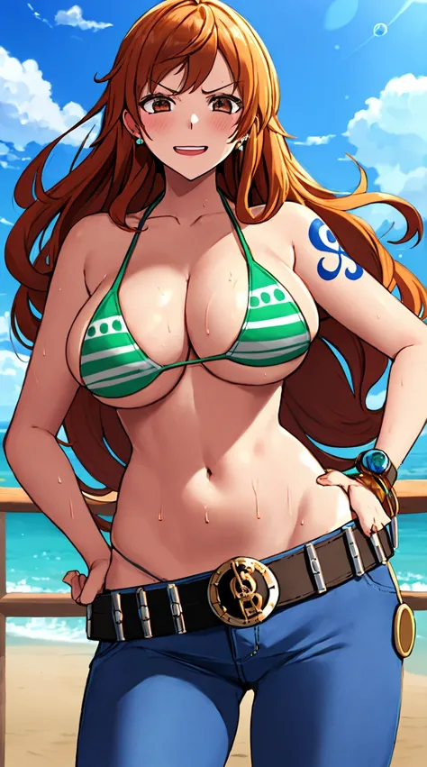 nami (one piece), 1girl, bangle, bangs, bare shoulders, belt, bikini, bikini top only, bracelet, breasts, brown eyes, bubble, cleavage, denim, earrings, floating hair, green belt, green bikini, groin, jeans, jewelry, (large breasts:1.9), (big breast:1.3), ...