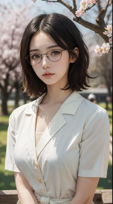 masterpiece, best quality, realistic, highly detailed, 1girl, solo, (body shot), different eyes color, short hair, black hair, glasses, large breast, ((Japanese school uniform)), stand on bridge, Lips pierced, tatto on neck, beautiful girl, A tomboy face, ...