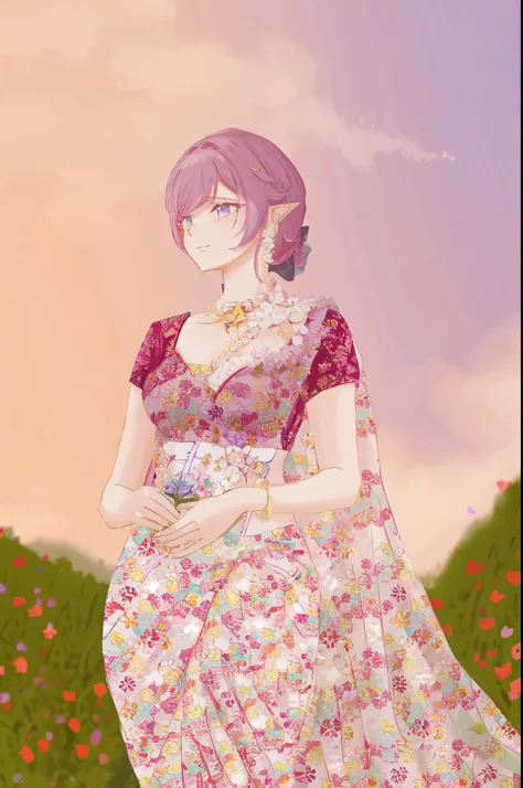 there is a woman in a floral dress standing in a field, elf girl wearing a flower saree, the non-binary deity of spring, dressed in a flower dress, inspired by Tomioka Tessai, inspired by Lü Ji, my dress up darling anime, inspired by Eizan Kikukawa, a godd...