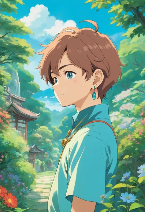 a boy wearing an anime collar, a long necklace and earrings, in the style of tranquil gardenscapes, colorful animation stills, masami teraoka, aquamarine, paul gauguin, Embry style, honest portrayal