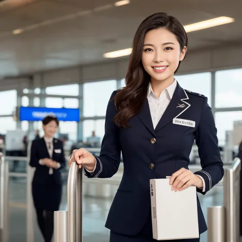 ((top-quality、masutepiece、8K、Top image quality、Hyper-Realism))、(1 female ground staff、Stand at the airport、cowboy  shot、photo of her from the waist up)、((The location is the boarding gate of the airport.、Woman working at the airport、Perfectly recreates an ...