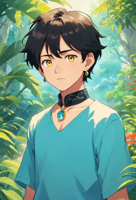 a boy wearing an anime collar, a long necklace and earrings, in the style of tranquil gardenscapes, colorful animation stills, masami teraoka, aquamarine, paul gauguin, Embry style, honest portrayal, yellow eyes, black hair